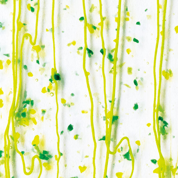 Dark Green, Spring Green, and Yellow Frit, Spring Green Streamers Clear Base Collage Bullseye Sheet 4212